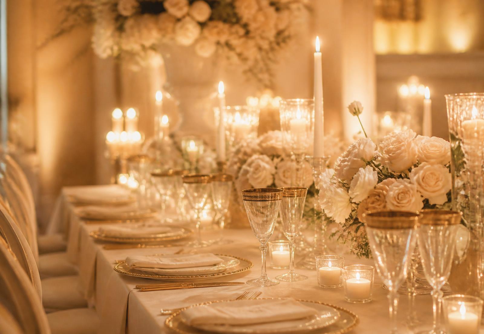 Candlelit celebration table set in ivory and gold